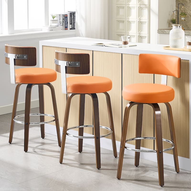 Upholstered Wood Swivel Bar/ Counter Stools, Set of 3 - Orange - Bar Height