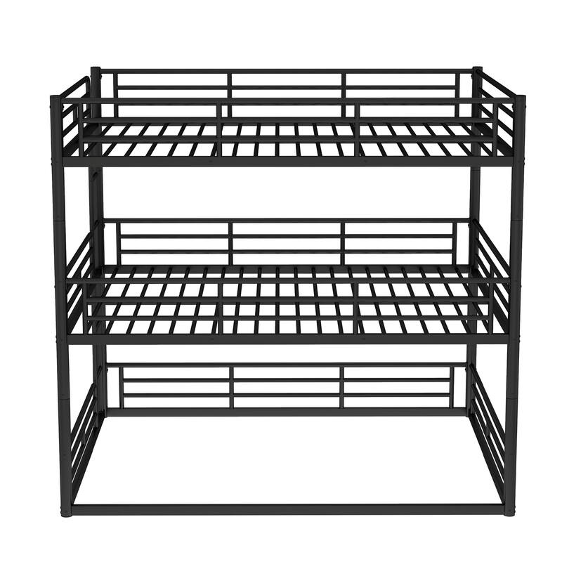 Queen over Queen over Queen Bunk Bed, Metal Triple Bunk Bed with Safety Guardrails, Bunk Bed with Noise-reduced Design