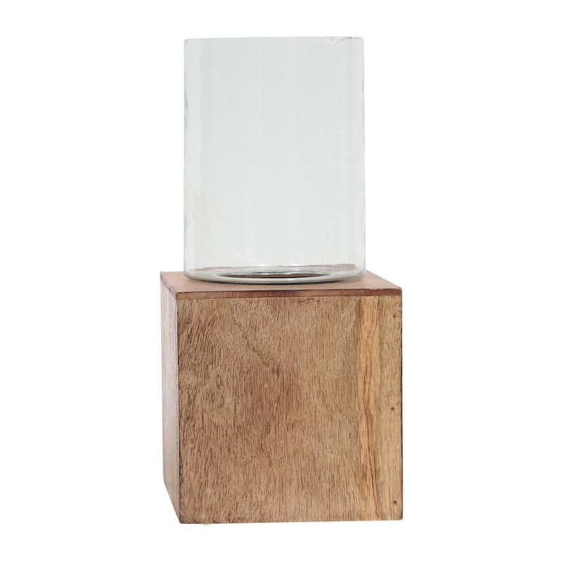 Sagebrook Home Elegant Mango Wood & Glass Pillar Hurricane Lantern