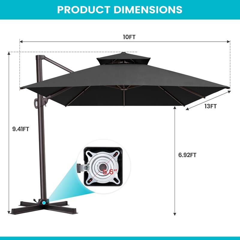 Pellebant Outdoor 10X13 FT Dual Top Patio Offset Umbrella 360 degrees Rotation with No Base