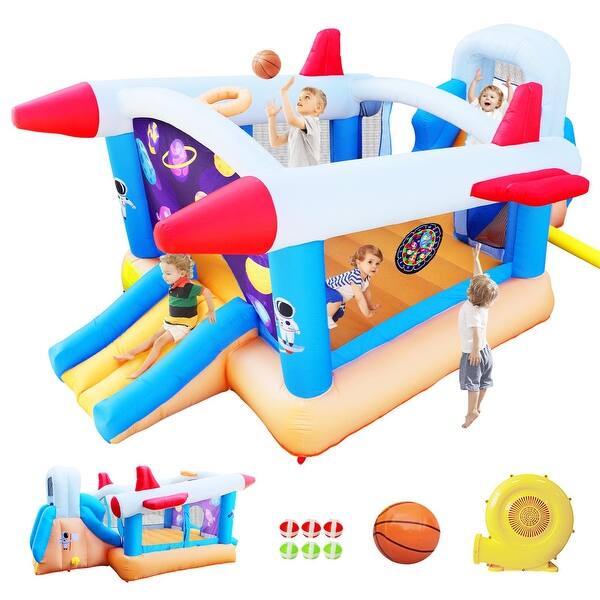 slide 2 of 7, Inflatable Kids Bounce House,6 In 1 Inflatable Bouncer w/Target Ball Basketball,Slide and Blower Multicolor - 2-4 Years