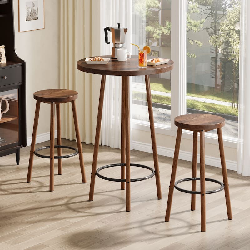 Industrial Pub Table Set: 23.6" Round Bar Table with 2 Stools - Brown