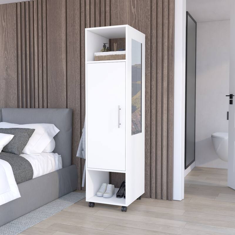 15.7" Modern Mirrored Armoire with Three Shelves, Casters and Hanging Rod