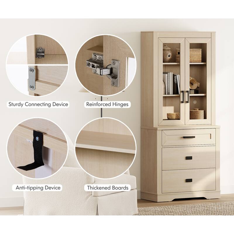 3-Column 73.3" Tall Bookshelf Set with Open Storage and Glass Doors