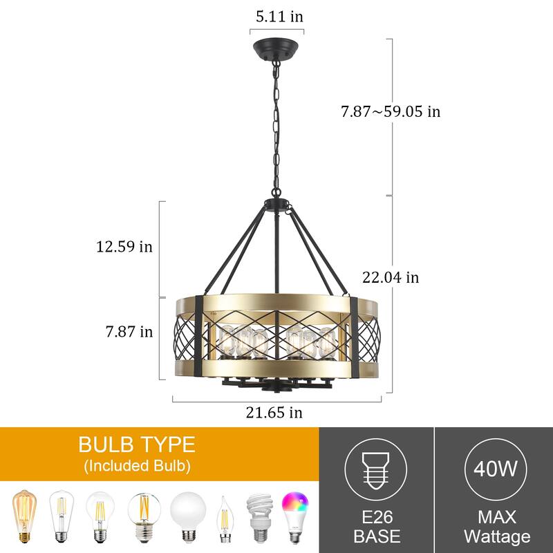 Drum Rustic Hanging Lights 6-Light Adjustable Farmhouse Chandelier Dining Room Light Fixture Kitchen Island Lighting - N/A