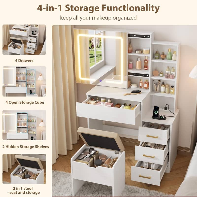 Vanity Desk with Sliding Mirror, LED Lights, Storage Drawers, Charging Station, Stool