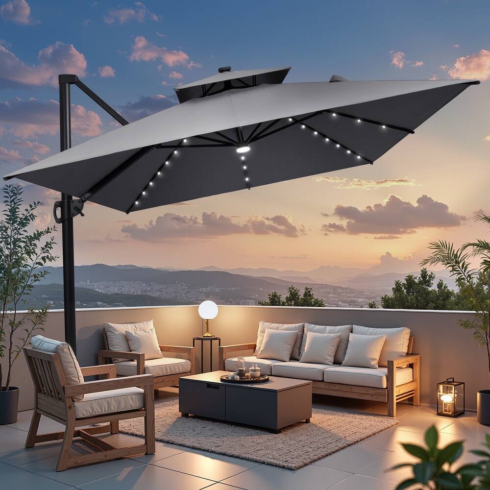 10 X 13 FT Outdoor Patio Cantilever Umbrella with Solar Lights Double Canopy 360 RotationTilt