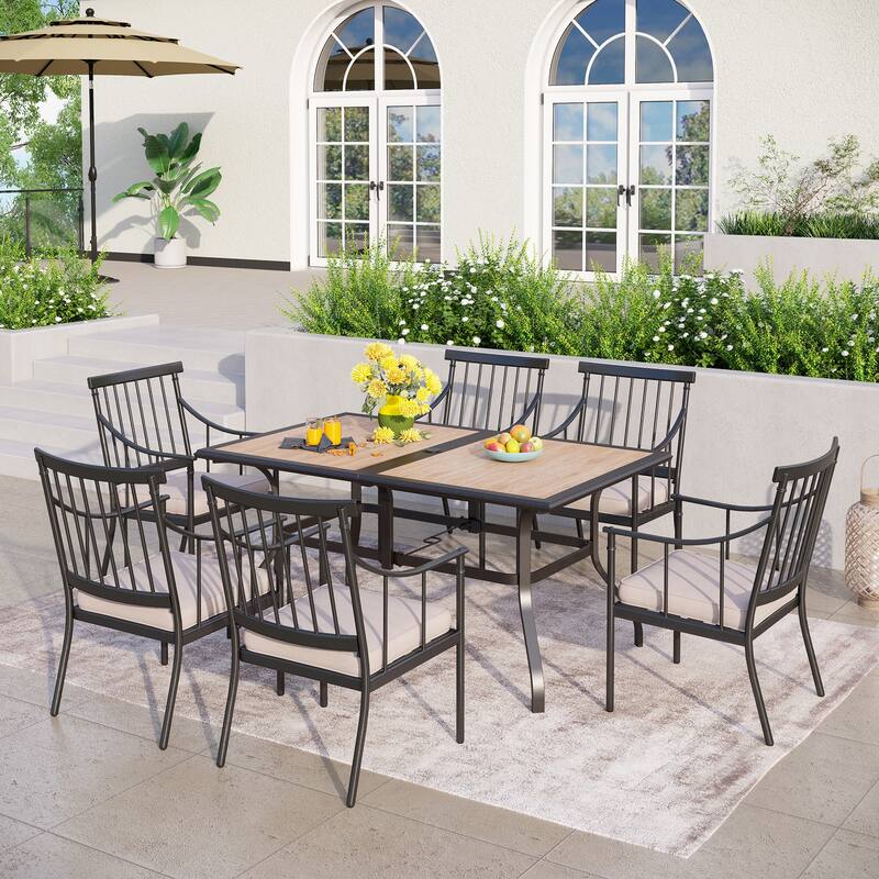 MAISON ARTS 7-Piece Patio Dining Set Wood-look Table & 6 Dining Arm Chairs - Fixed Chairs
