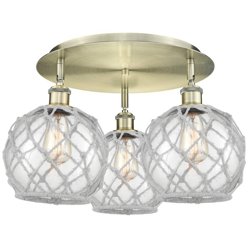 Innovations Lighting Endless Possibilities Ballston - Farmhouse Rope - 3 Light 20" Flush Mount - Antique Brass/Clear Glass with White Rope