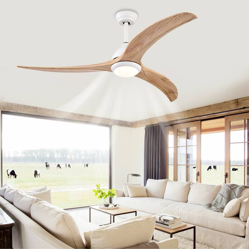 52 Inch Ceiling Fan with Light and Remote, Indoor/Outdoor Wood Ceiling Fan with 3 Blades, Noiseless Reversible DC Motor - White