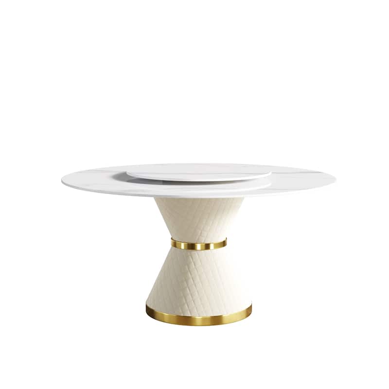 59'' Round Marble Dining Table with Solid Wood Pedestal
