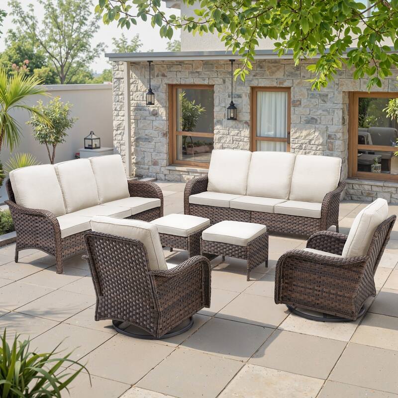 Cavira 6-Piece Outdoor Patio Brown Wicker Sofa Set with Olefin Cushions - Beige Cushions - Brown Wicker