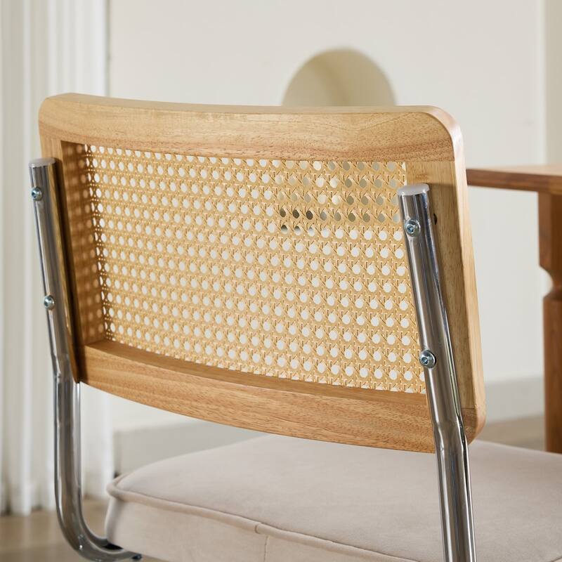 GDF Studio - Mid-Century Linen Dining Chairs with Natural Rattan Cane Back & Chrome Cantilever Base, Set of 2