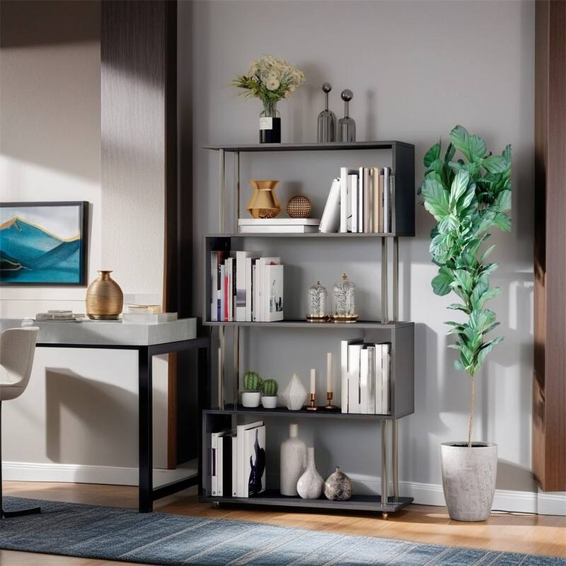 Modern S-Shaped 5 Tier Room Dividing Bookcase Wooden Stand Shelf - Black