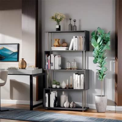 Modern S-Shaped 5 Tier Room Dividing Bookcase Wooden Stand Shelf
