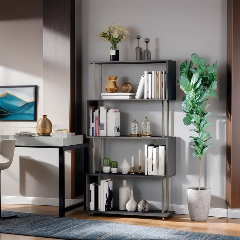 Modern S-Shaped 5 Tier Room Dividing Bookcase Wooden Stand Shelf