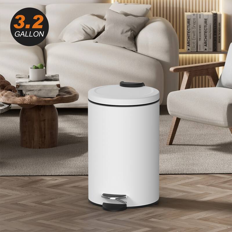 Innovaze 3.2 Gal./12-Liter and 0.8 Gal./3 Liter Stylish Round White Metal Step-on Trash Can Set