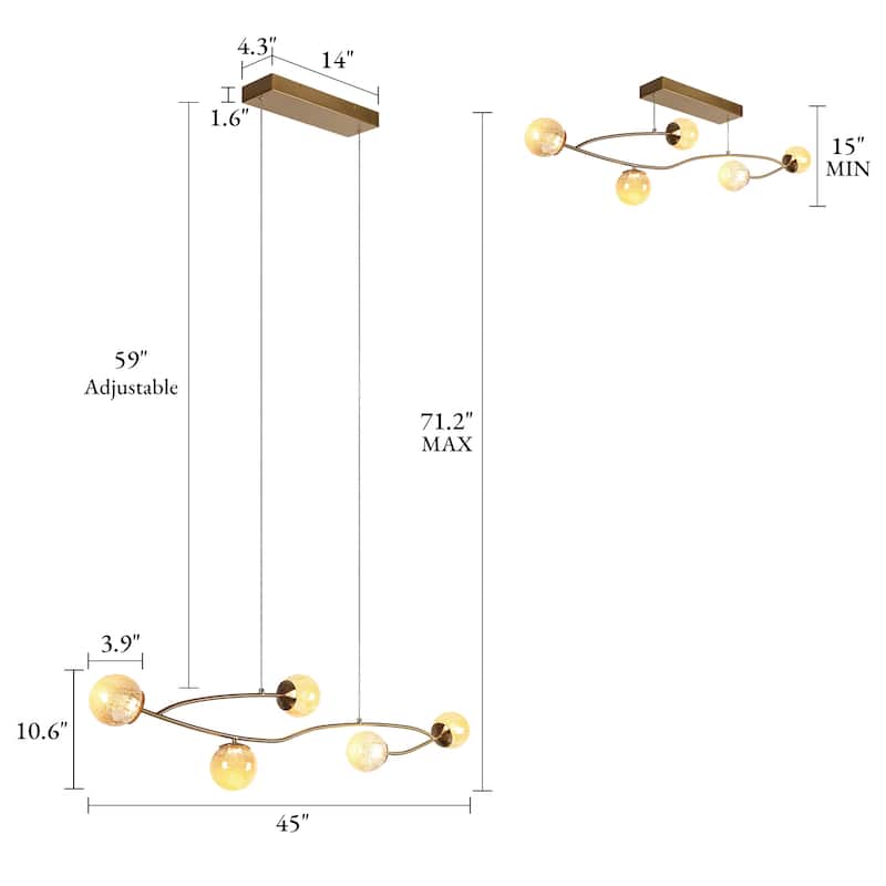 Modern Gold LED 5-Light Linear Art Glass Chandelier Kitchen Island Light - W45" x H71.2" Max