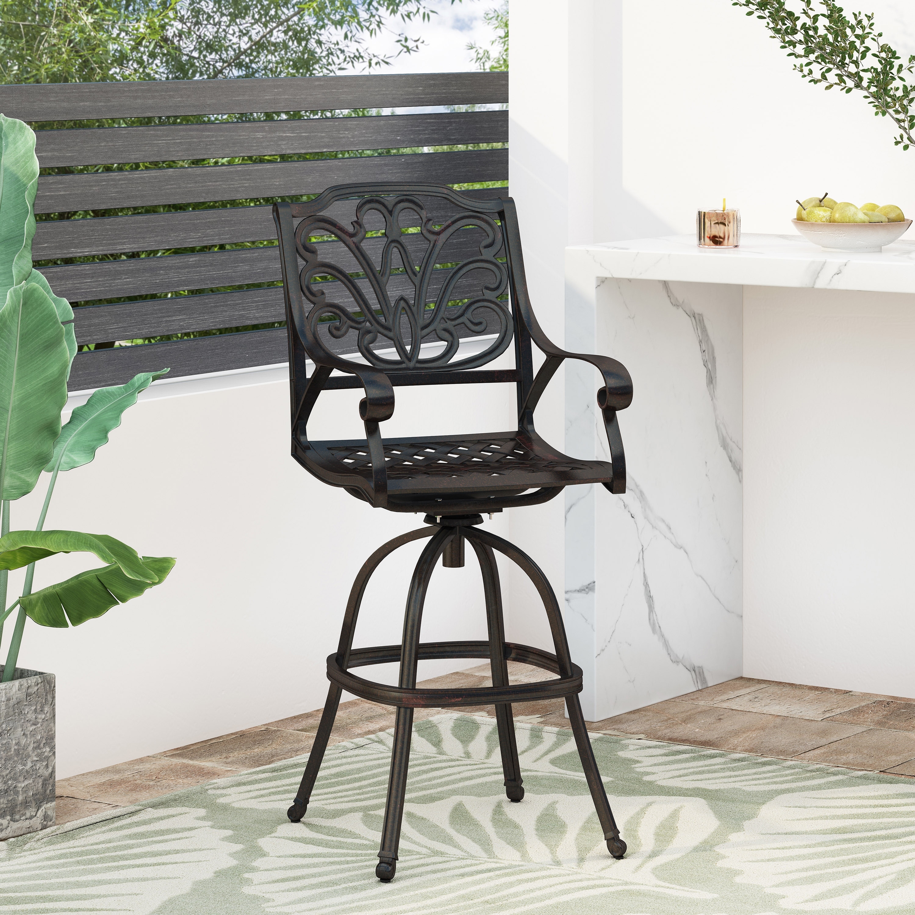 Roomfitters Cast Aluminum Swivel Bar Stool, Elegant and Weather-Resistant Outdoor Chair with Decorative Backrest and Armrests