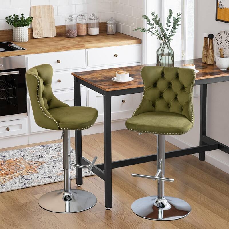 Velvet Upholstered Nailheads Tufted Swivel Bar Stools (Set of 2)