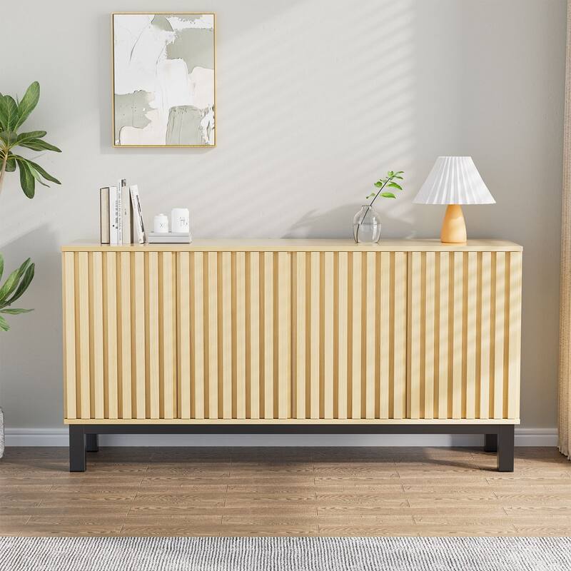 Fluted Sideboard Buffet Cabinet with 4 Doors, Modern Storage Credenza with Adjustable Shelves for Dining Room & Entryway