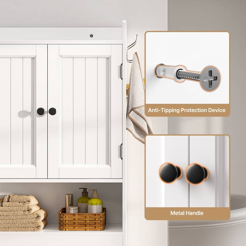 66''H Over The Toilet Storage Cabinet, Bathroom Storage Organizerwith 2 Doors, Paper Holder and Racks, Adjustable Shelf