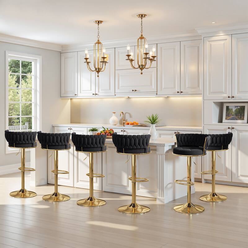 VECELO Set of 4/6 Bar Stools Adjustable Swivel with Metal Frame Modern Bar Stools with Back for Dining Room - Set of 6 - Black/Gold