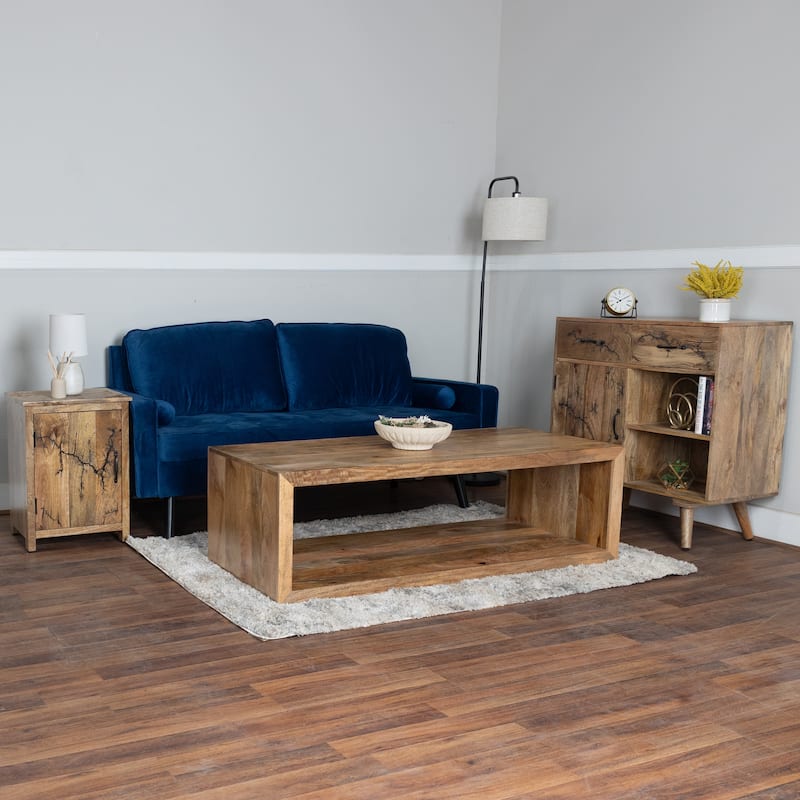 Modern Rectangular Mango Wood Coffee Table with Open Shelf - 57" Wide, Natural Finish