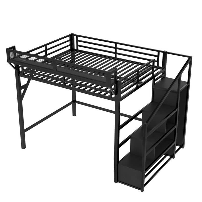 Queen Size Loft Bed with Storage Staircase & Open Wardrobe, Metal Kids Teens Bed Frame with Charging Station & LED Light