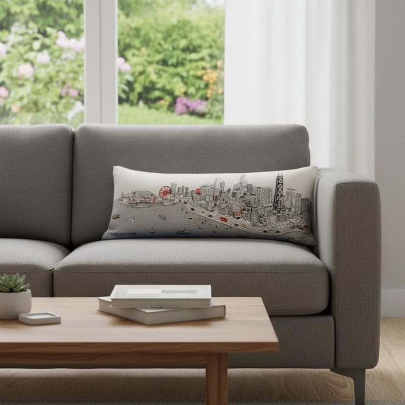 HomeRoots 14" X 35" Cream Chicago Daylight Skyline Lumbar Decorative Pillow