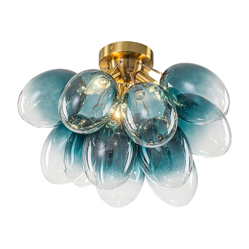 Cluster Blue Tinted Glass Globe Oval Bubble Semi Flush Chandelier