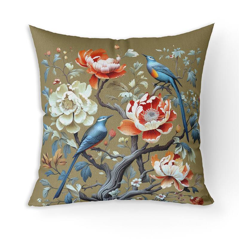 Botanical Bird Ensemble Broadcloth Pillow With Removable Cover in Blue Orange Green - 20" x 20"