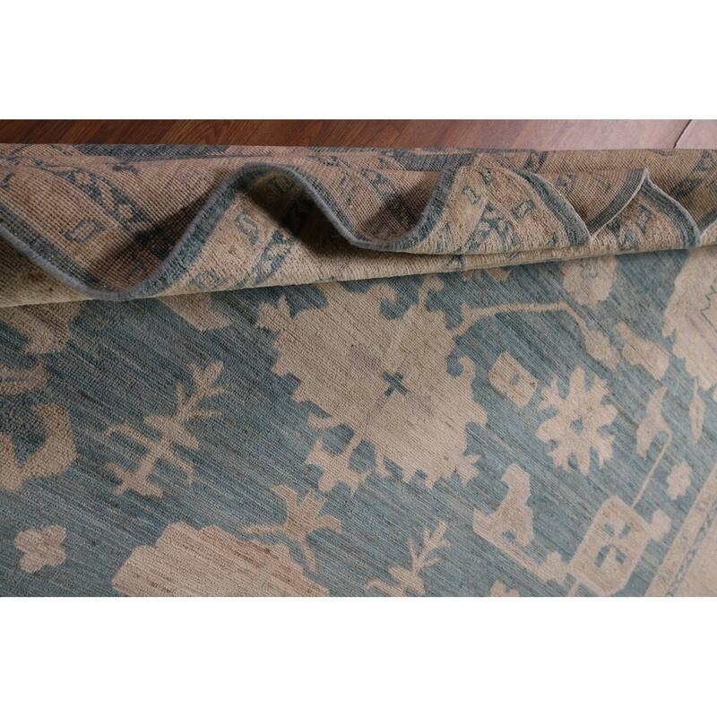 Teal Blue Vegetable Dye Oushak Turkish Rug Hand-Knotted Wool Carpet - 7'10" x 10'6"