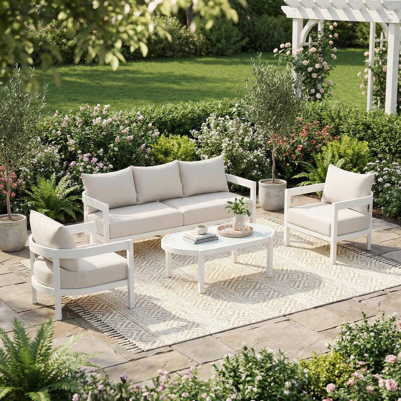 Christopher Knight Home - Modern 4-Piece Outdoor Aluminum Patio Conversation Set with Oval Glass Coffee Table & Cushions