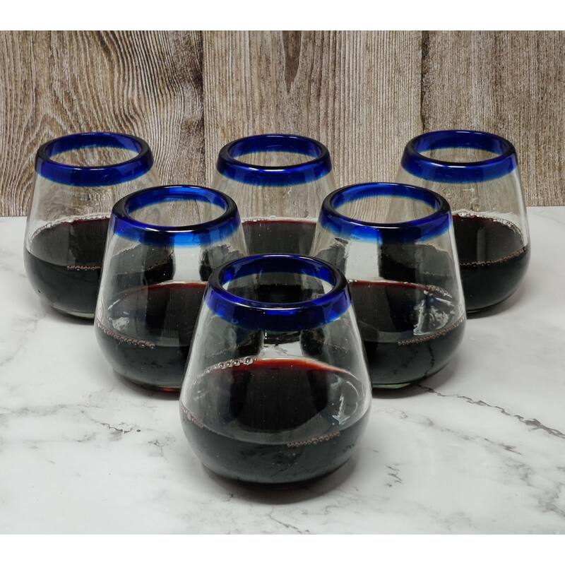 Hand Blown Mexican Stemless Wine Glasses - Set of 6 Glasses with Cobalt Blue Rims (15 oz)