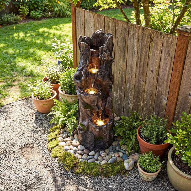 3 Tier Log Look Outdoor Water Fountain with Natural Stream Sound and Lights