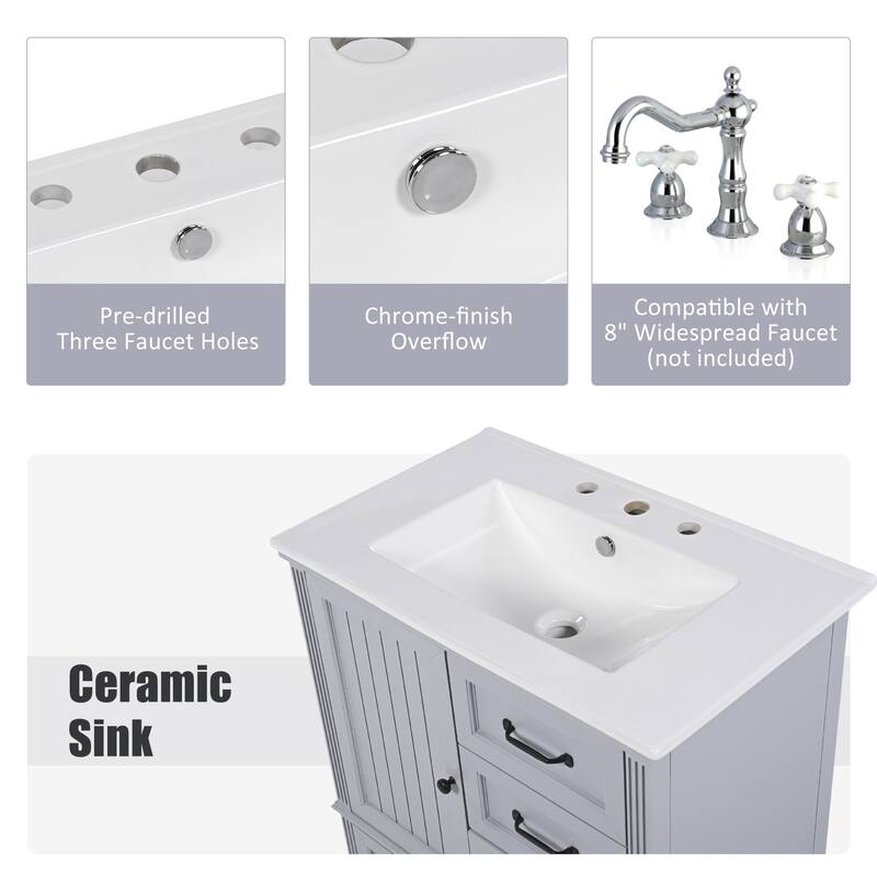 Modern Bathroom Vanity with Semilune Ceramic Sink, Storage Cabinet, and Adjustable Foot Pads - 30in L