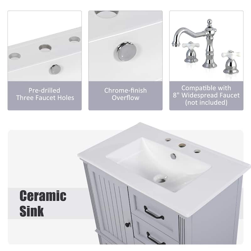 Roomfitters Bathroom Vanity with Sink, Single Door Cabinet and Three Drawers, Solid Wood Legs