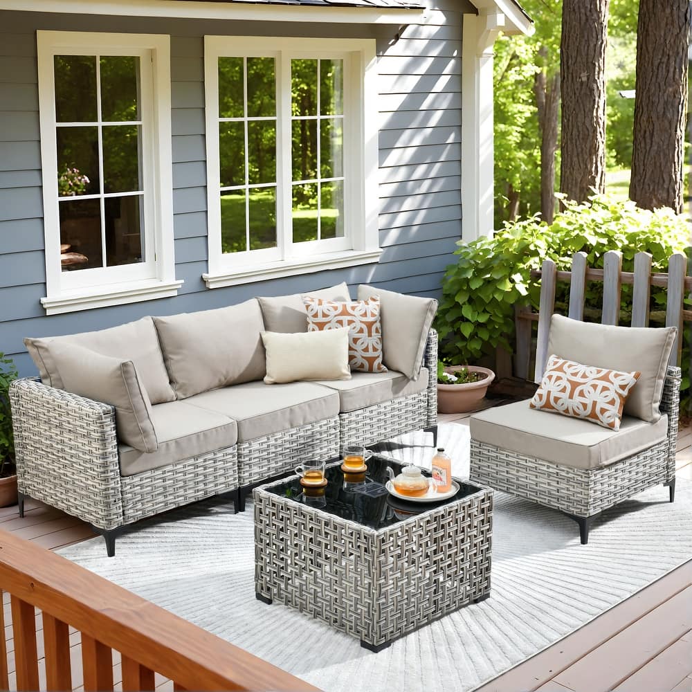 OVIOS 5 Pieces Outdoor Wicker Furniture Set With Solar-Powered Coffee Table