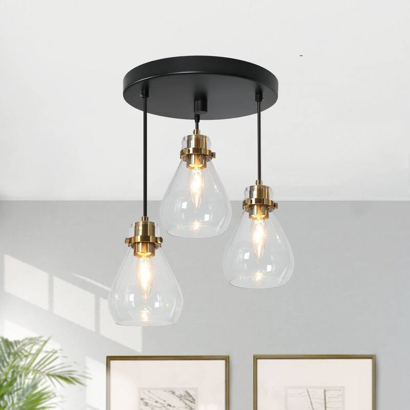 Marsie Modern Ceiling Light 3-light Farmhouse Flush Mount Drop Down Pendant Light Globe Glass - D15.5" x H67.5'' - Round