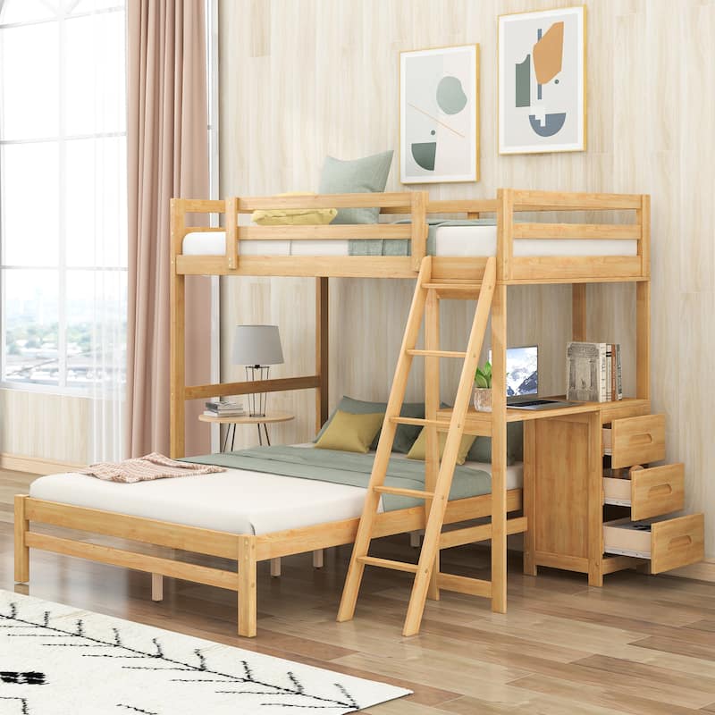 Twin over Full L-Shaped Bunk Bed Multi-Functional Pine Wood Bunk Bed Frame with All-in-One Desk and 3 Drawers - Natural - Full