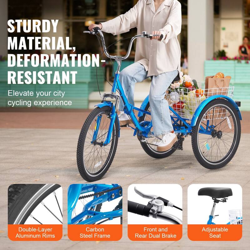 Folding 7-Speed Tricycle for Adults, 24-Inch 3-Wheel Bike with Basket & Adjustable Seat - 70.9 x 29.9 x 45.9 in