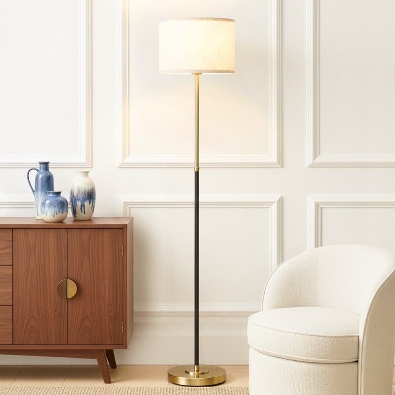Brightech Emery 60 in. Antique Brass Mid-Century Modern LED Super Bright Floor Lamp with Beige Fabric Drum Shade