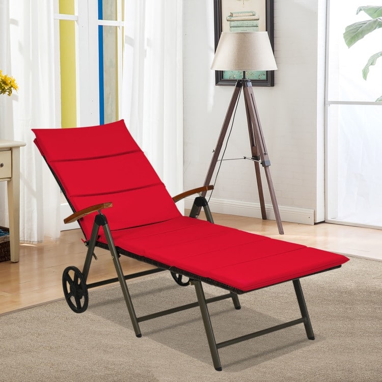 Premium Outdoor Rattan Chaise Lounge Recliner Chair for Relaxation - 56.5"~ 73" x 27.5" x 29.5"~44" (LX WX H) - Red