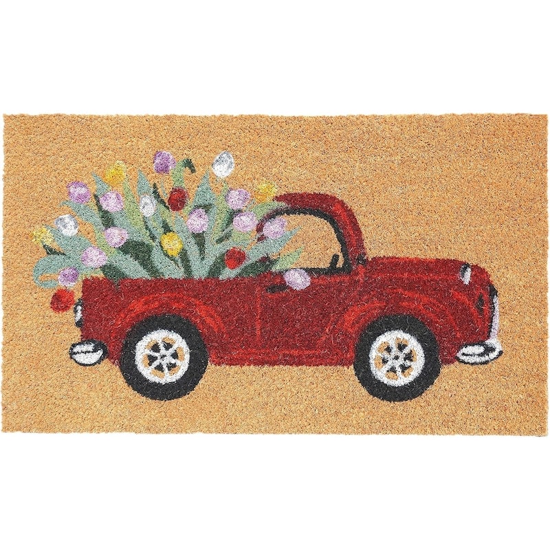 HomeRoots 17" X 29" Natural And Red Floral Outdoor Coir Door Mat - 17' X '29