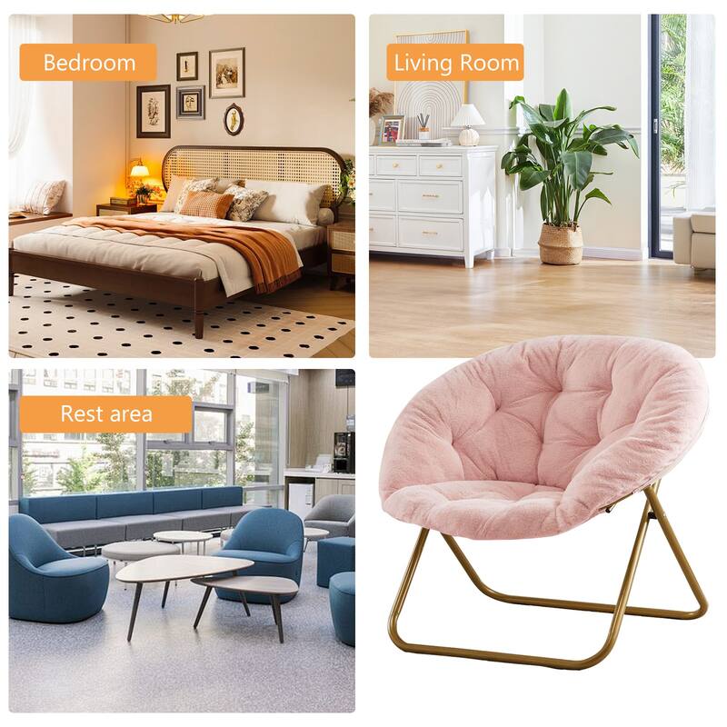 Cozy X-Large Faux Fur Saucer Chairs Folding Soft Thick Padded Seat Metal Frame for Bedroom Home Adults