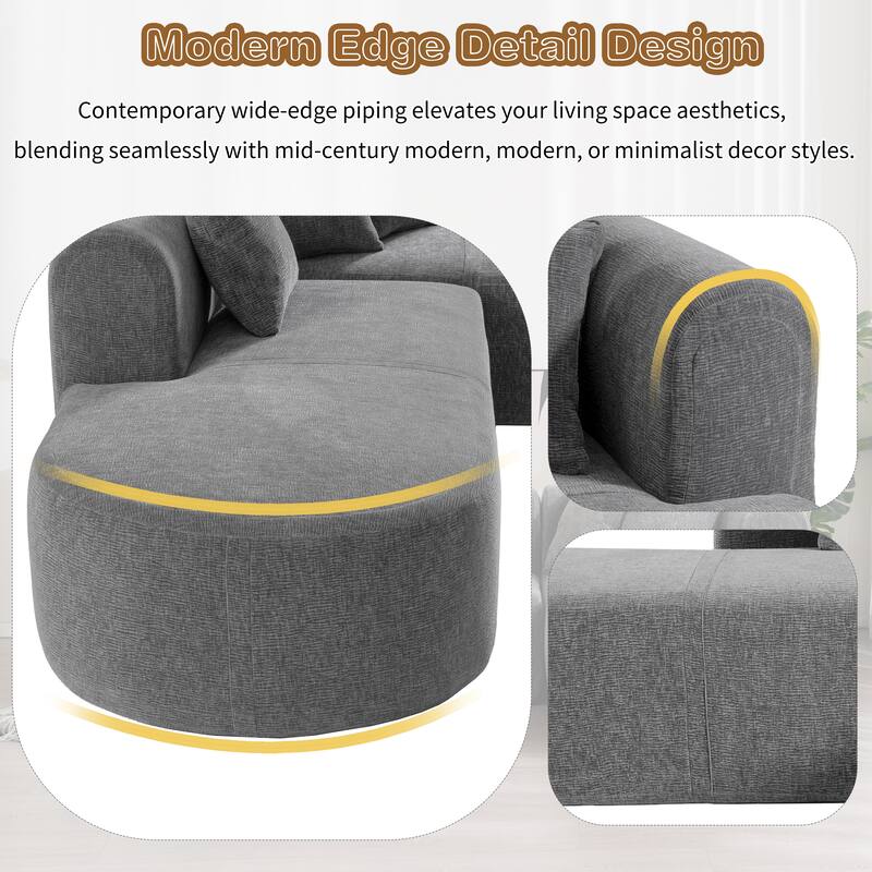 Curved Sectional Sofa with L-Shaped Chaise Lounge, Chenille Upholstered Cloud Sofa, 4 Seater Floor Sofa with 4 Pillows