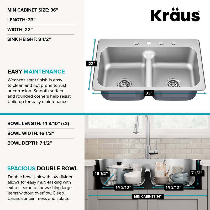 KRAUS Premier Drop In Top Mount 18 gauge Stainless Steel Kitchen Sink