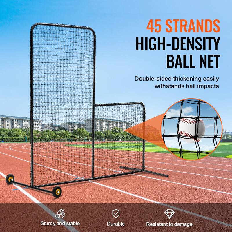 7 x 7 Feet Black Portable L Screen Softball Safety with Carry Bag and Wheel