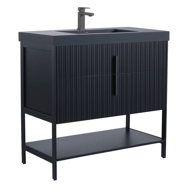 Fine Fixtures Serenity Modern Bathroom Vanity with Black Gel Acrylic Top - Black Matte - Black Hardware - 36 inch